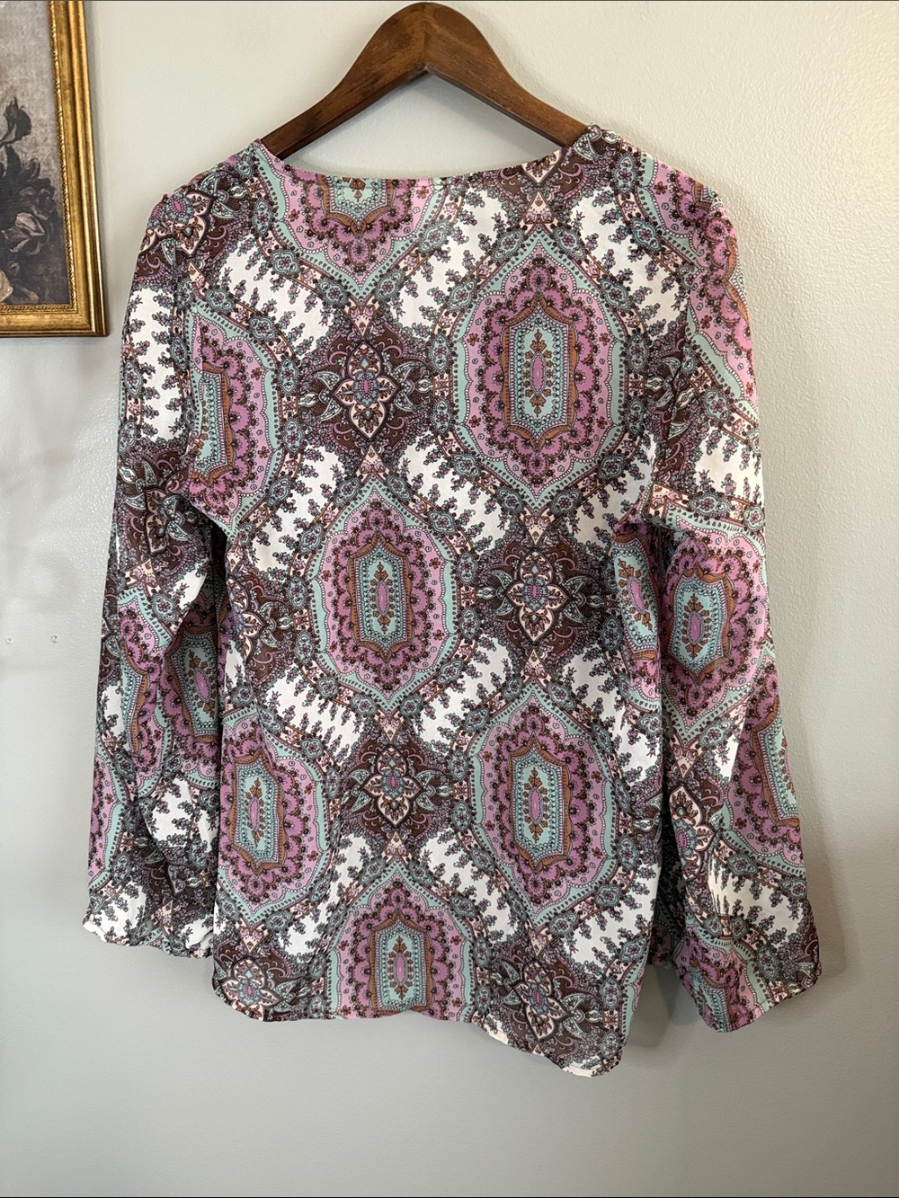 Wrangler Paisley Peasant Blouse Medium Boho Western Tie Neck Long Sleeve - Picture 11 of 12